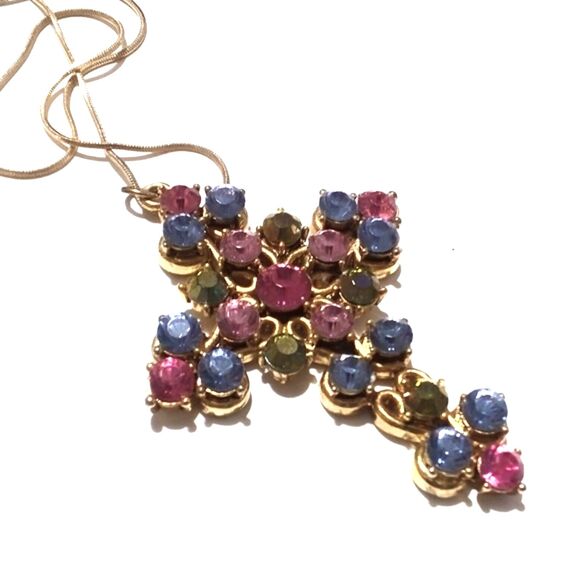 Vintage Pastel Rhinestone Gold Tone Cross Pendant Necklace – 32” Chain - Picture 2 of 6